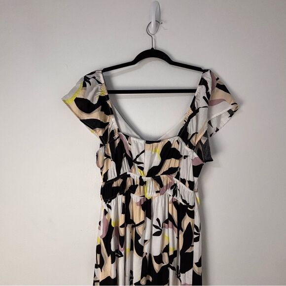 Nine West Cream & Black Floral Asían Print Maxi Dress L Milkmaid Prairie‎ Boho - Picture 13 of 14